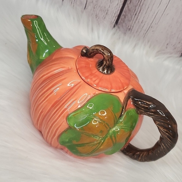 Vintage 90s Ceramic Pumpkin Harvest Halloween Fall Witchy Teapot 9" 1992 Signed - Picture 3 of 13